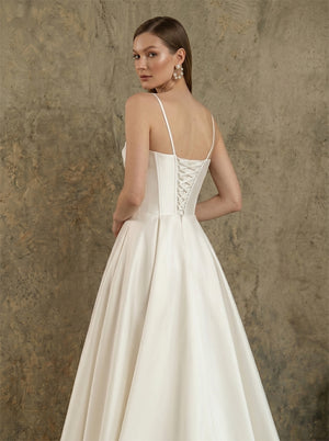 Thin Spaghetti Strap Cowl Neck Corset Satin Wedding Dress High Slit A Line Lace Up Back With Side Pockets Bridal Dress