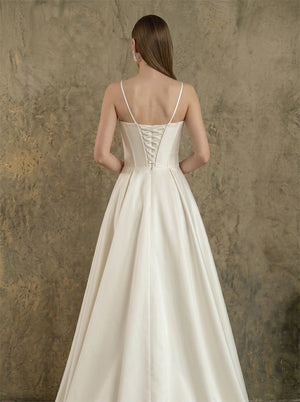 Thin Spaghetti Strap Cowl Neck Corset Satin Wedding Dress High Slit A Line Lace Up Back With Side Pockets Bridal Dress