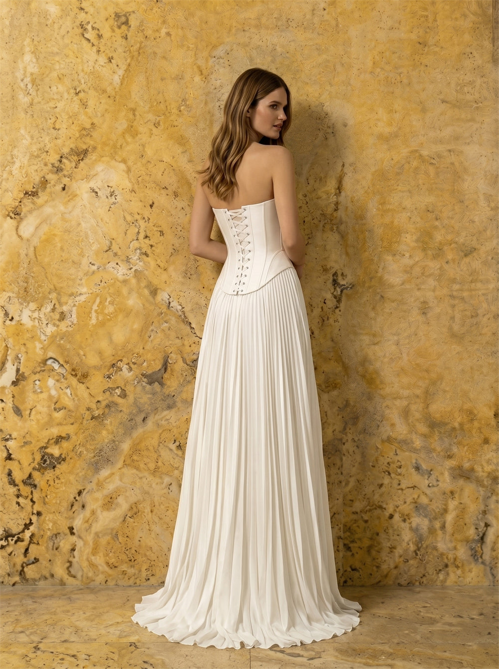Strapless Corset Lace Up Back Pleated Skirt Satin Wedding Dress Bridal Dress