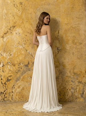 Strapless Corset Lace Up Back Pleated Skirt Satin Wedding Dress Bridal Dress