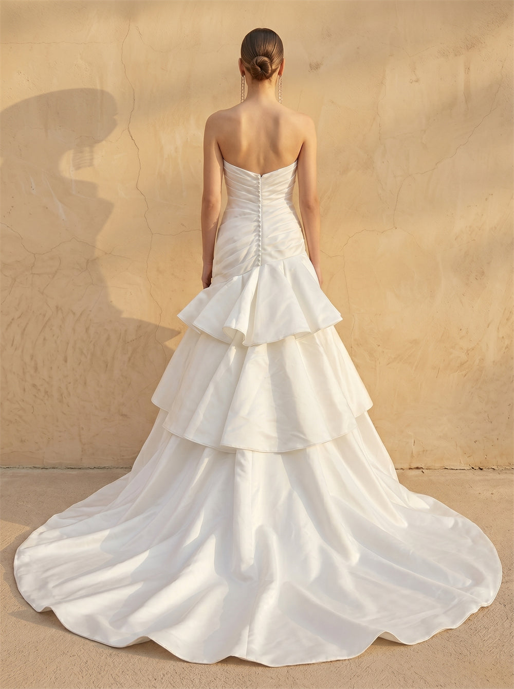 Strapless Ruched Tiered Ruffle Mermaid Satin Wedding Dress Bridal Dress