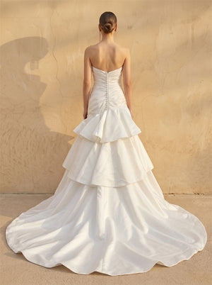 Strapless Ruched Tiered Ruffle Mermaid Satin Wedding Dress Bridal Dress