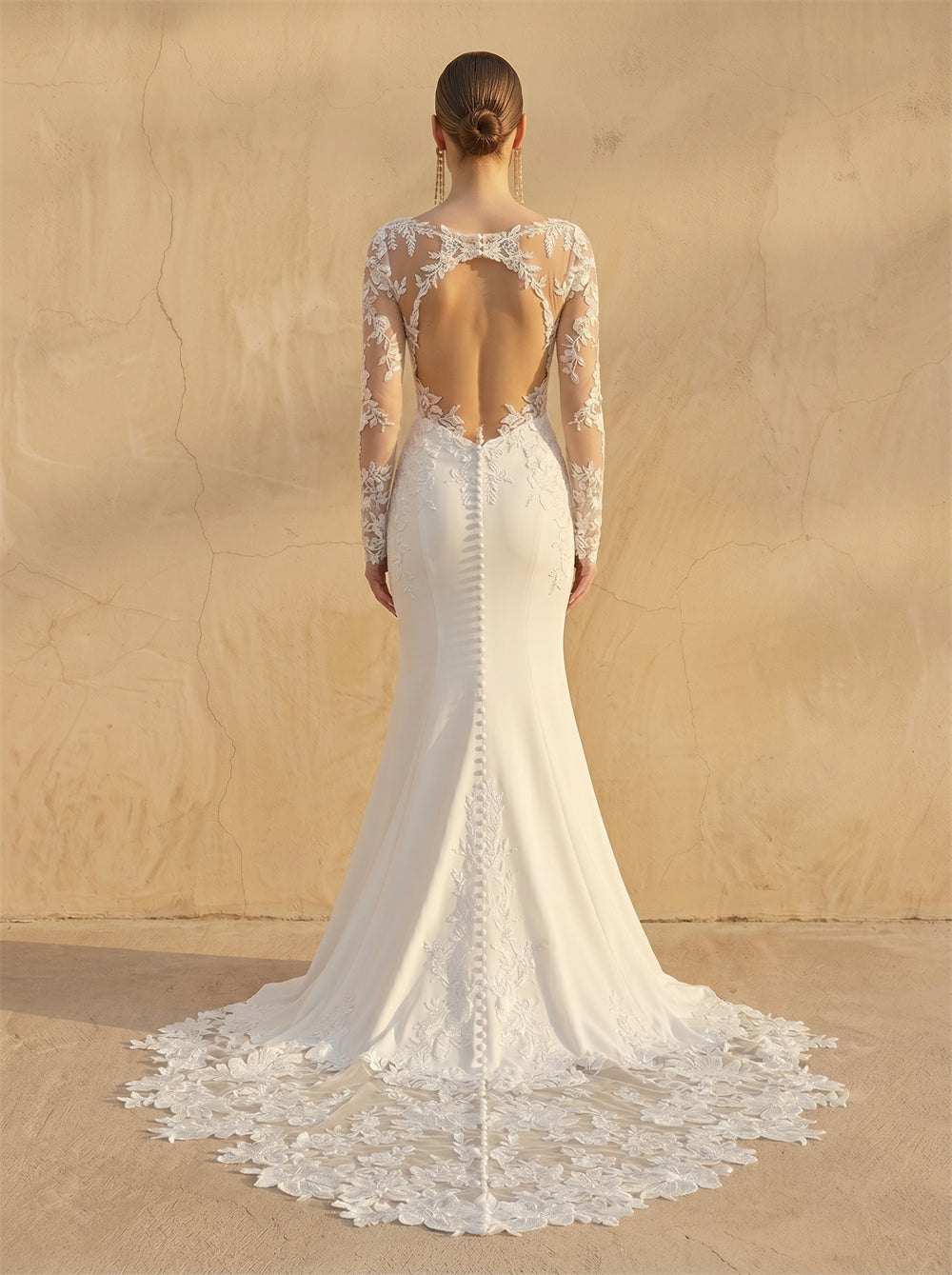 Long Sleeve Illusion Lace V Neck Open Back Pearl Button Mermaid Wedding Dress Bridal Dress