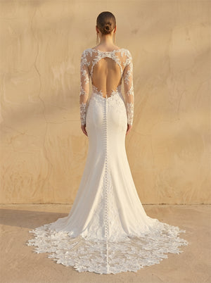 Long Sleeve Illusion Lace V Neck Open Back Pearl Button Mermaid Wedding Dress Bridal Dress
