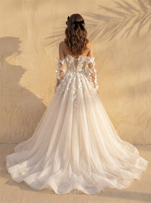 Off Shoulder Long Sleeve 3D Floral Lace Up Back Tulle A Line Wedding Dress Bridal Dress