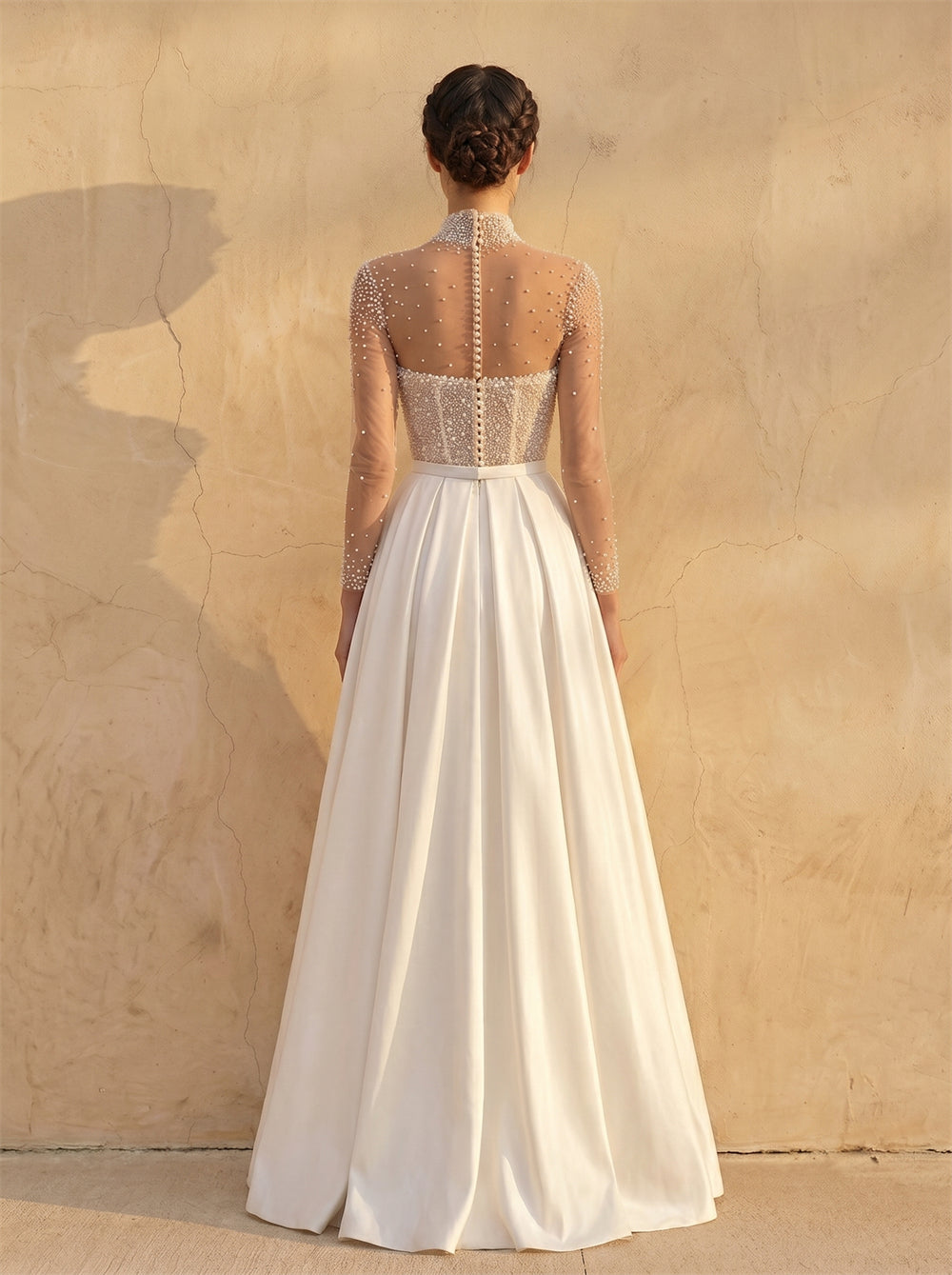 High Neck Beaded Long Sleeve Corset A Line Satin Wedding Dress Bridal Dress