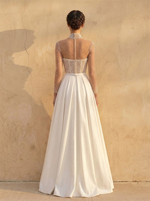 High Neck Beaded Long Sleeve Corset A Line Satin Wedding Dress Bridal Dress