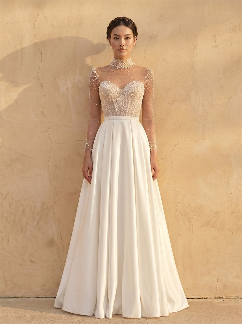 High Neck Beaded Long Sleeve Corset A Line Satin Wedding Dress Bridal Dress