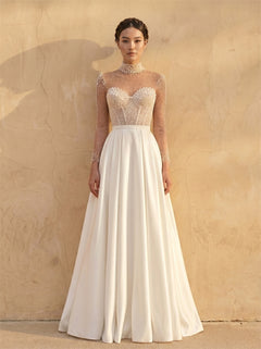 High Neck Beaded Long Sleeve Corset A Line Satin Wedding Dress Bridal Dress