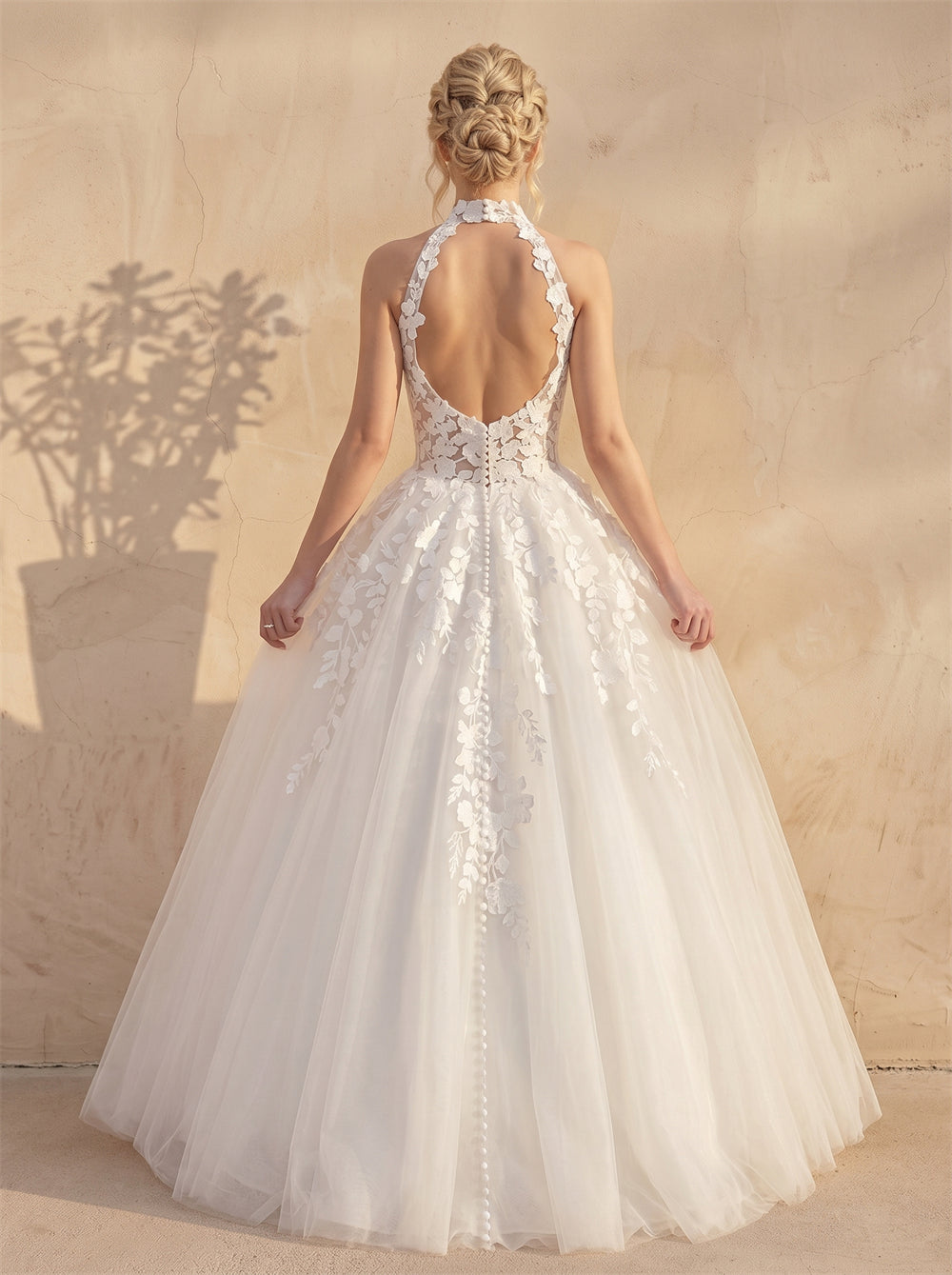 Halter Neck 3D Floral Lace A Line Wedding Dress Illusion Bodice Low Open Back Button Tulle Ballgown Bridal Dress