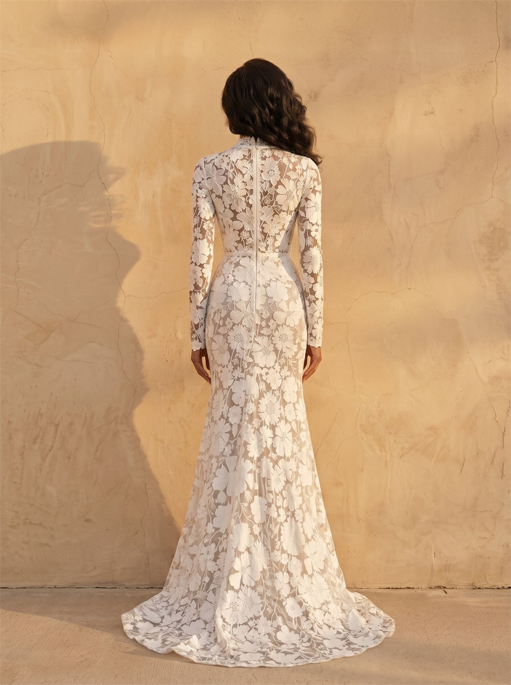 High Neck Long Sleeve Full Floral Lace Mermaid Wedding Dress Sheer Fitted Bodycon Sheath Chapel Train Bridal Dress