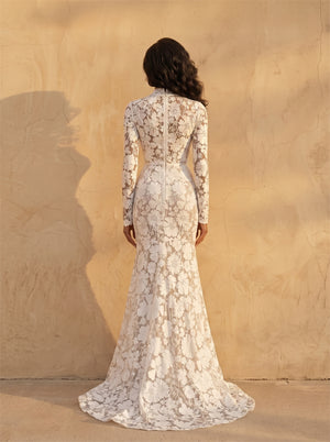 High Neck Long Sleeve Full Floral Lace Mermaid Wedding Dress Sheer Fitted Bodycon Sheath Chapel Train Bridal Dress