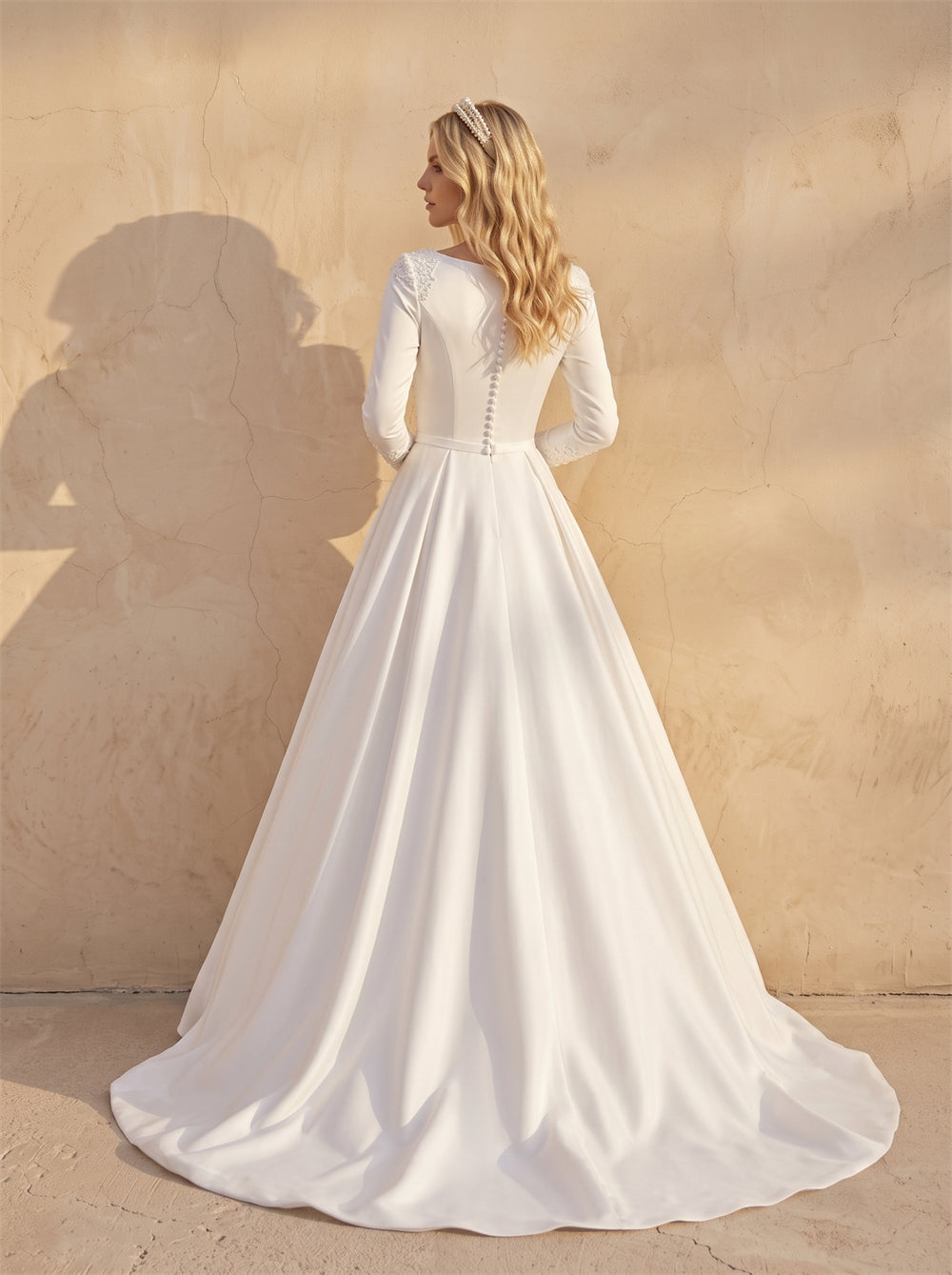 Bateau Neck Lace Applique Long Sleeve Satin A Line Wedding Dress Full Back Button Floor Length Chapel Train Modest Bridal Dress