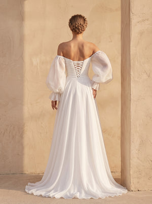 Off-The-Shoulder Sheer Puff Sleeve Organza Wedding Dress Sweetheart Ruched Bodice Corset Back Flowy Formal Bridal Dress