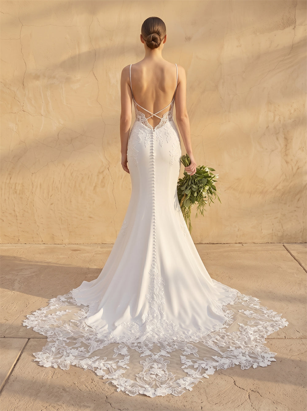Spaghetti Strap Lace Mermaid Wedding Dress V Neck Low Back Cross Tie Bridal Dress With Lace Train