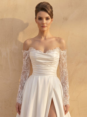 Off Shoulder Long Lace Sleeve Satin A Line Wedding Dress Sweetheart Low Back High Slit Bridal Dress