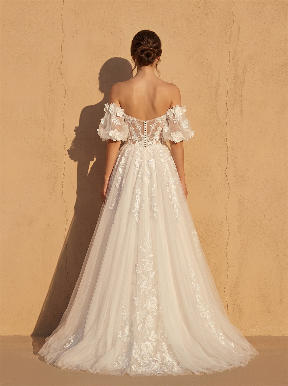 Off Shoulder Puff Short Sleeve 3D Floral Lace A Line Wedding Dress Deep Plunge V Low Open Back Tulle Chapel Train Bridal Dress
