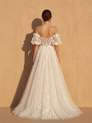 Off Shoulder Puff Short Sleeve 3D Floral Lace A Line Wedding Dress Deep Plunge V Low Open Back Tulle Chapel Train Bridal Dress