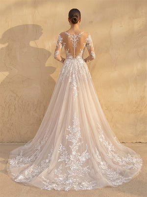 Long Sleeve Deep V Illusion Lace A Line Wedding Dress Sheer Low Back Button Sparkle Glitter Tulle Chapel Train Bridal Dress