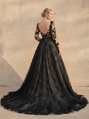 Black Lace Long Sleeve Gothic Wedding Dress Deep V Low Back Voluminous A Line Tulle Formal Bridal Dress