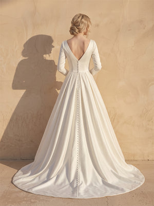 Minimalist Full Long Sleeve Satin Wedding Dress Closed Front Deep V Back A Line Ballgown Bridal Dress