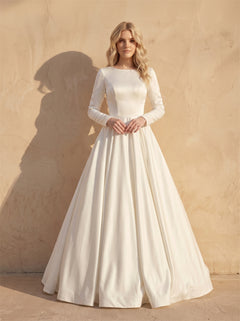 Minimalist Full Long Sleeve Satin Wedding Dress Closed Front Deep V Back A Line Ballgown Bridal Dress