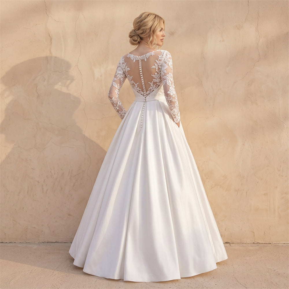 Long Lace Sleeve Plain Satin Wedding Dress Illusion Sheer Back Pocket A Line Formal Bridal Dress