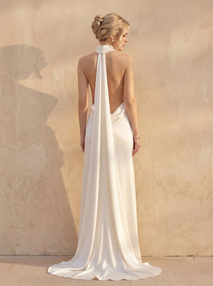 Halter Neck Deep V Satin Mermaid Wedding Dress Backless Long Drape Tie Low Back Slim Fit Formal Bridal Dress