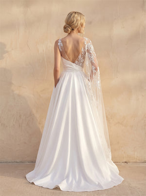 One Long Cape Lace Sleeve Satin Wedding Dress Asymmetrical Sheer Bodice Low Back A Line Formal Bridal Dress