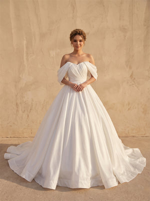 Off-The-Shoulder Pleated Satin Wedding Dress Sweetheart Neck Corset Back Voluminous Ballgown Formal Bridal Dress