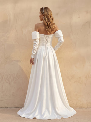 Off-The-Shoulder Puff Cuff Long Sleeve Satin Wedding Dress High Leg Slit Corset Back Elegant Formal Bridal Dress