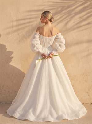 Off-The-Shoulder Bishop Puff Organza Sleeve Wedding Dress Sweetheart Neck Belted Waist Structured Formal Bridal Dress