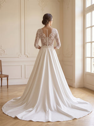 Three Quarter Sleeve Lace Bodice Satin Wedding Dress V Neck Sheer Lace Back Classic Formal Bridal Dress