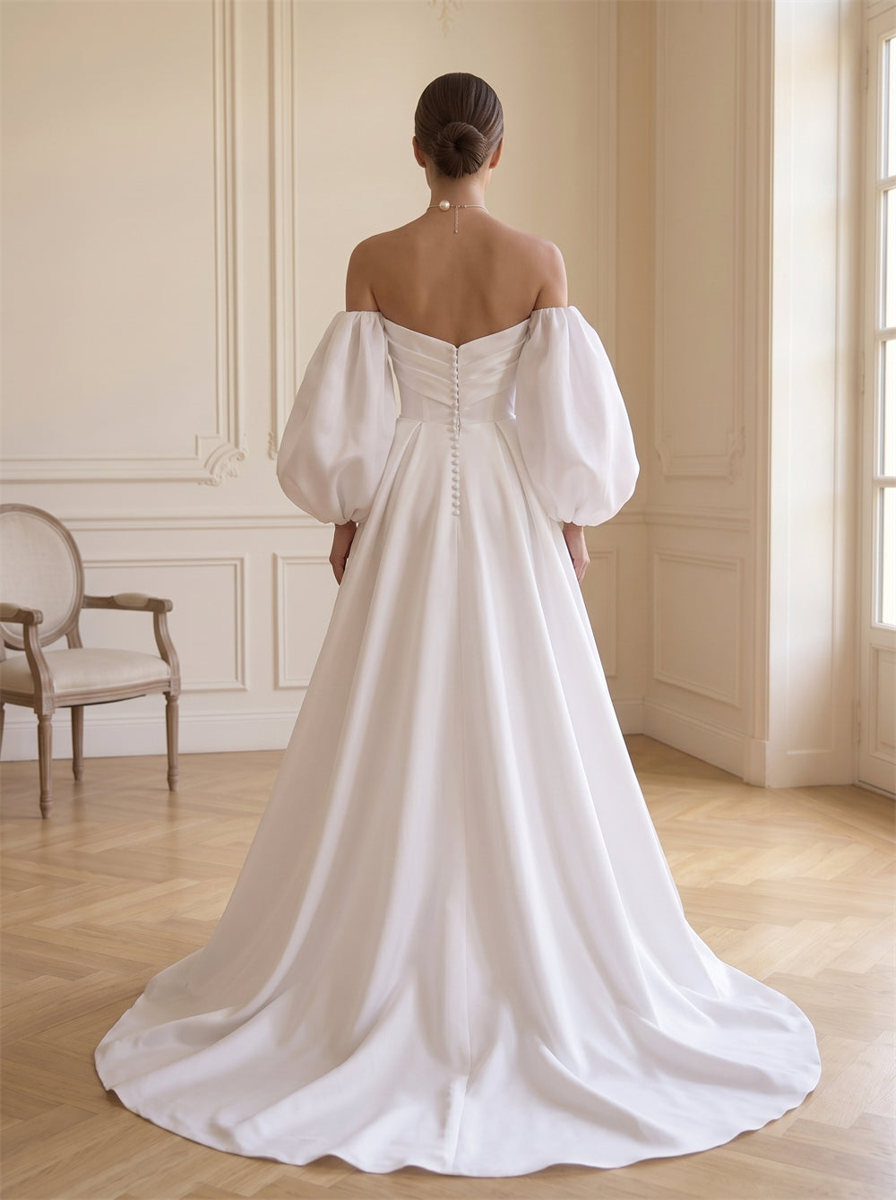 Off-The-Shoulder Puff Sleeve Draped Satin Wedding Dress Cowl Neck High Slit Pearl Button Back Elegant Formal Bridal Dress