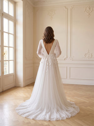 Long Sleeve Sheer V Neck Wedding Dress 3D Flower Lace Low Back Flowy Formal Bridal Dress