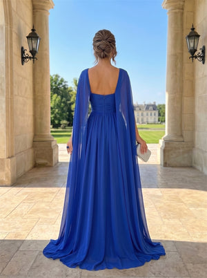 Strapless Sweetheart Chiffon Prom Dress With Cape Sleeve Ruched Bodice Low Back Flowy A Line Long Formal Evening Dress
