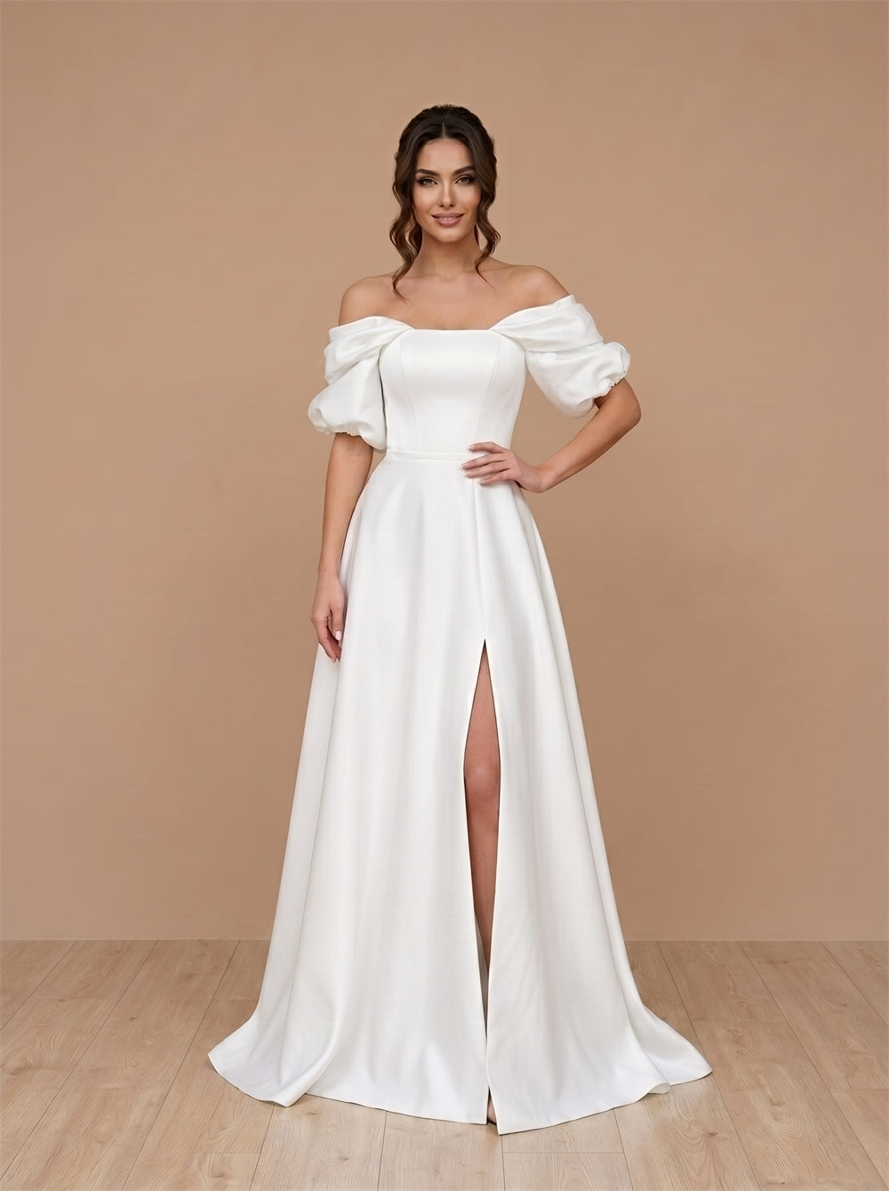 Off-The-Shoulder Bubble Puff Sleeve Satin Wedding Dress High Slit Corset Back Elegant Formal Bridal Dress