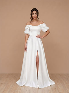 Off-The-Shoulder Bubble Puff Sleeve Satin Wedding Dress High Slit Corset Back Elegant Formal Bridal Dress