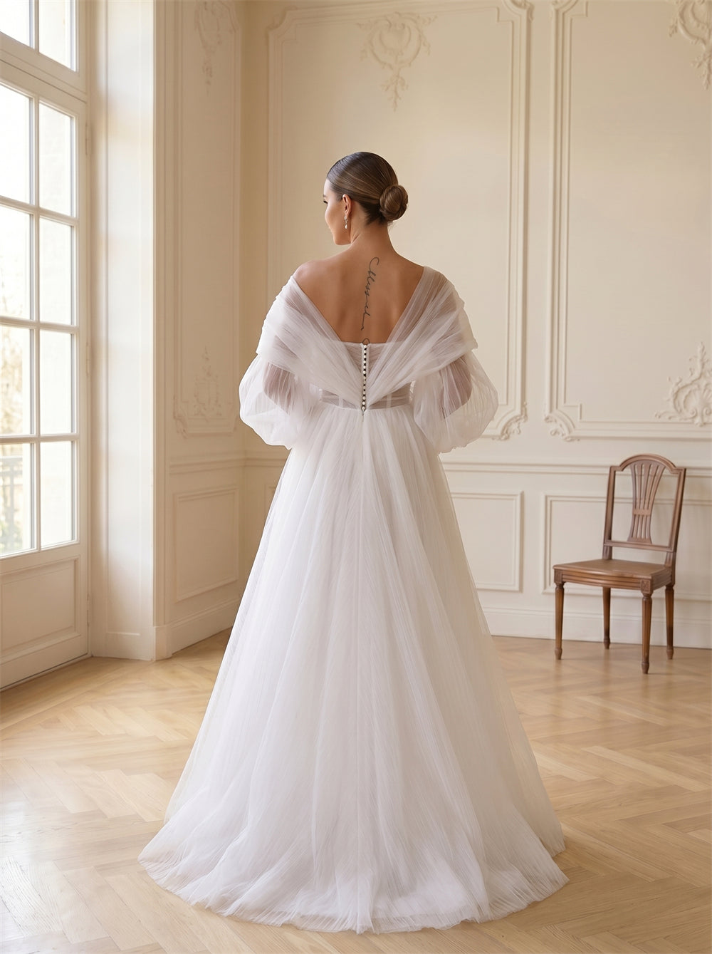 Off-The-Shoulder Sheer Pleated Tulle Puff Sleeve Wedding Dress Beaded Bodice Deep V Back Formal Bridal Dress