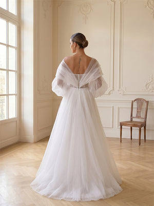 Off-The-Shoulder Sheer Pleated Tulle Puff Sleeve Wedding Dress Beaded Bodice Deep V Back Formal Bridal Dress