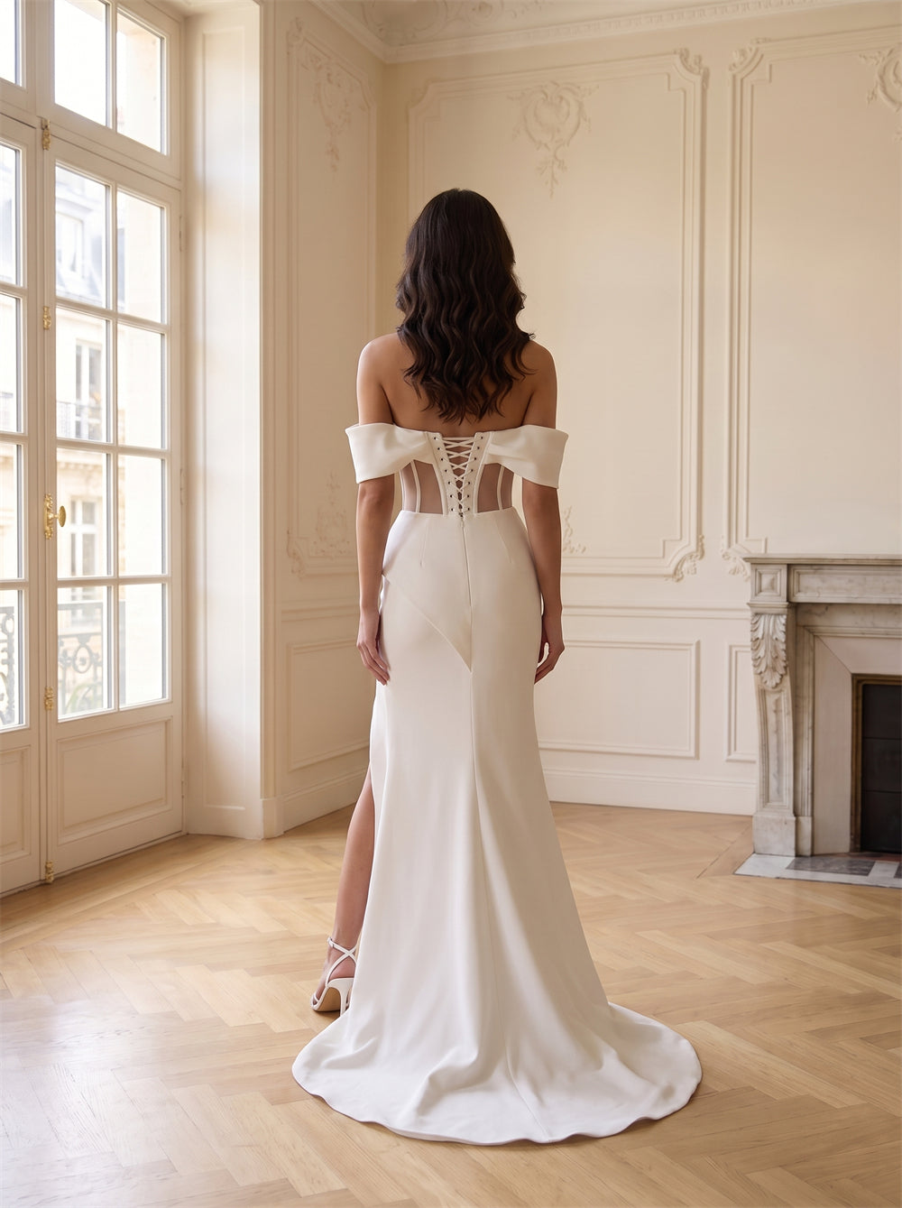Off-The-Shoulder Structured Fold Satin Mermaid Wedding Dress Sheer Boned Corset High Slit Lace Up Back Formal Bridal Dress