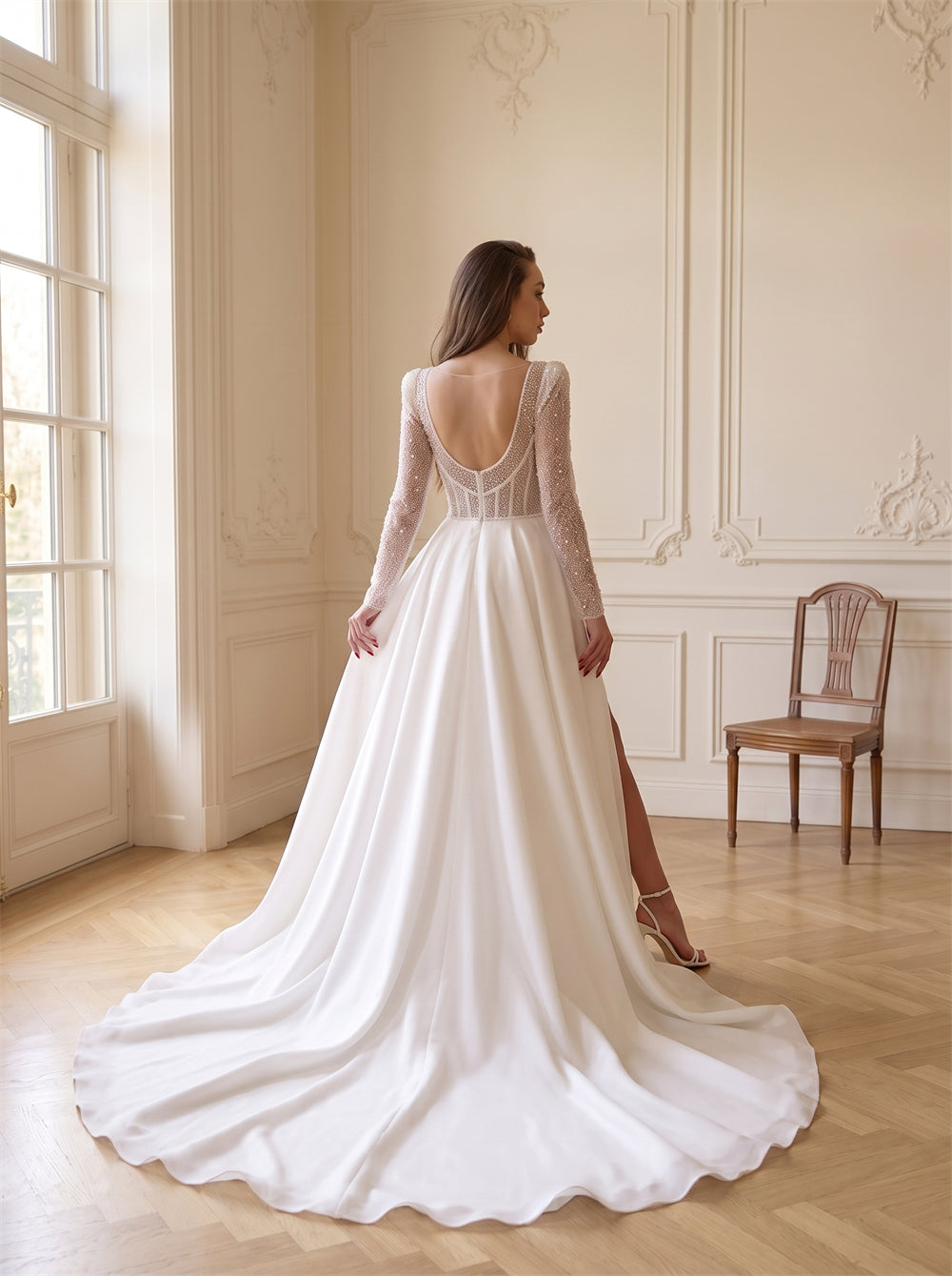 Full Long Sleeve Rhinestone Beaded Lace Bodice Satin Wedding Dress Plunge V Neck Low Back High Slit Elegant Bridal Dress