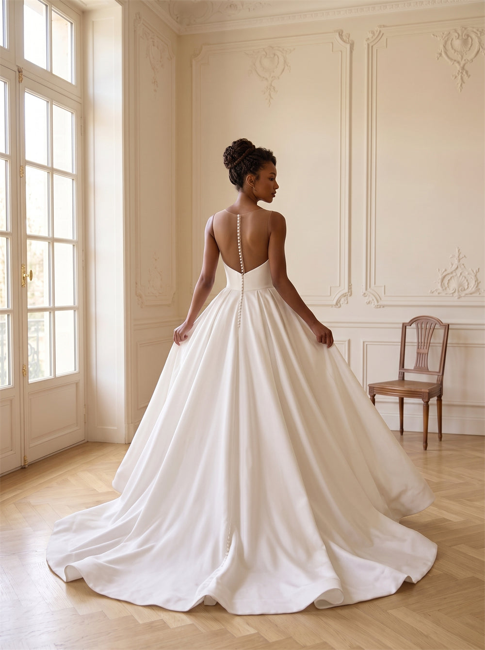 Sheer Illusion Neck Rhinestone Beaded Satin Wedding Dress Sleeveless Deep V Back High Slit Classic Formal Bridal Dress