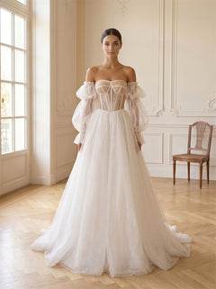 Off-The-Shoulder Puff Sleeve Dot Tulle Wedding Dress Sheer Structured Corset Lace Up Back Formal Bridal Dress