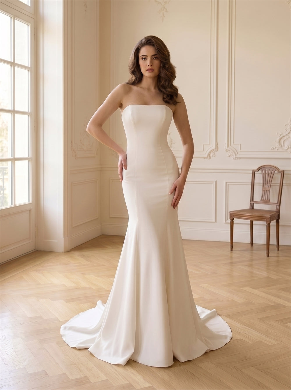 2 In 1 Convertible Ruffle Off Shoulder Satin Wedding Dress Mermaid Pearl Button Back Elegant Formal Bridal Dress