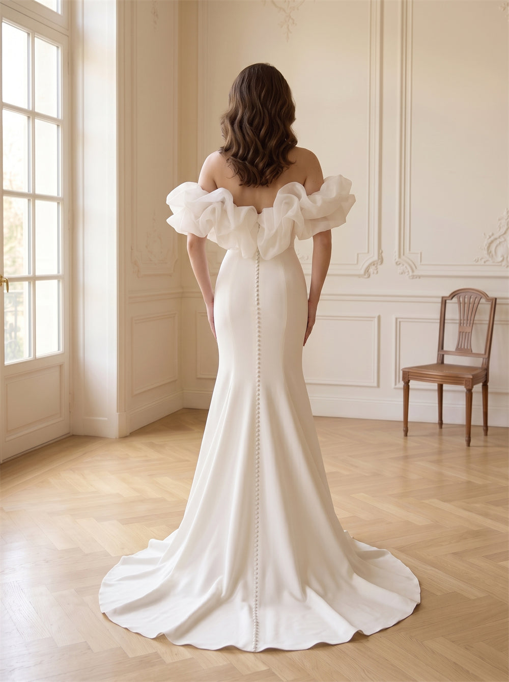 2 In 1 Convertible Ruffle Off Shoulder Satin Wedding Dress Mermaid Pearl Button Back Elegant Formal Bridal Dress