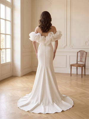 2 In 1 Convertible Ruffle Off Shoulder Satin Wedding Dress Mermaid Pearl Button Back Elegant Formal Bridal Dress