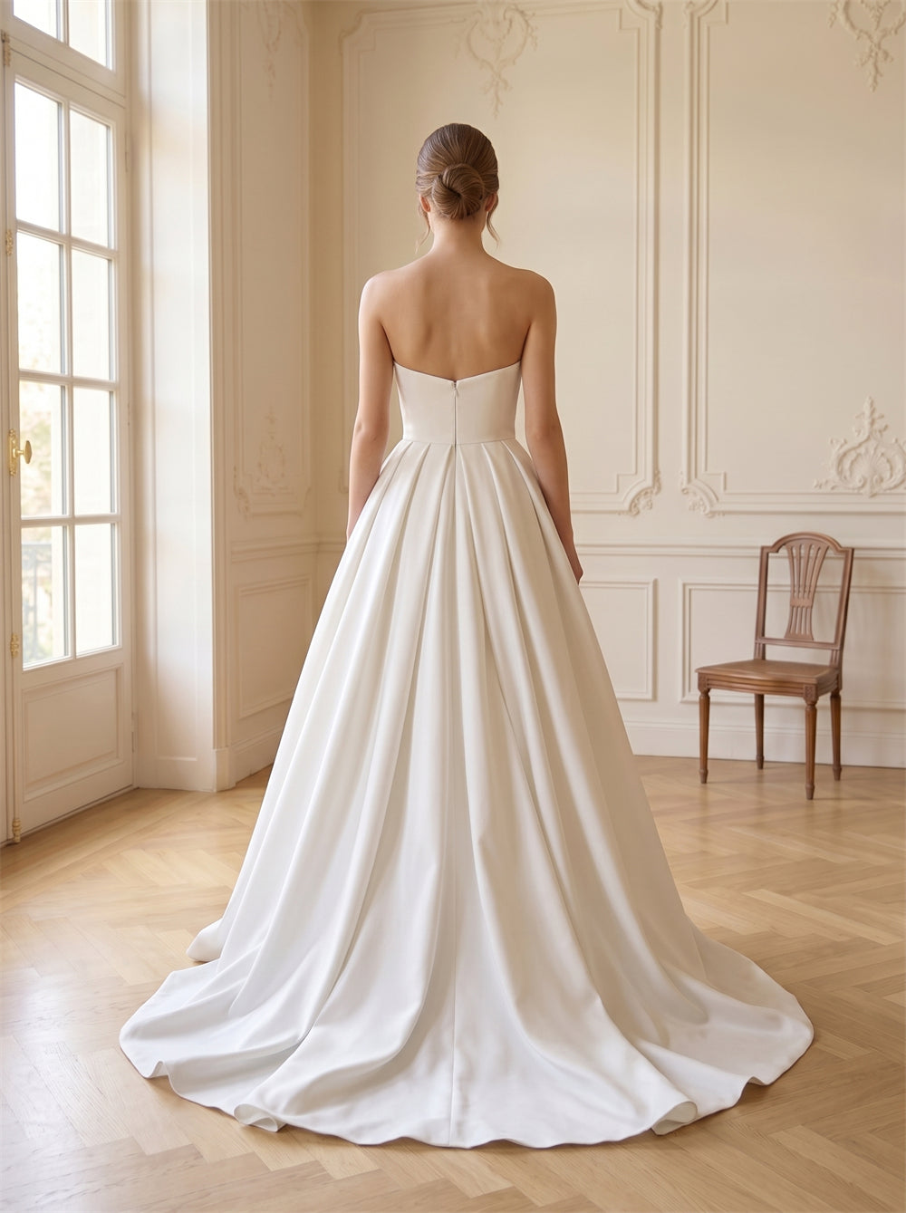 Strapless Sweetheart Satin Wedding Dress Ruched Waist Full Pleated A Line Classic Formal Bridal Dress