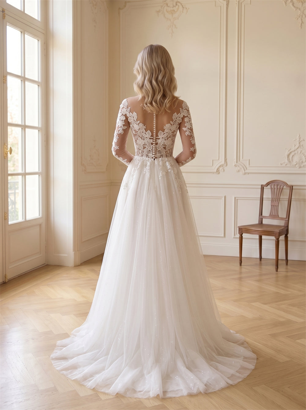 Long Sleeve Lace Illusion Neck Tulle Wedding Dress Off Shoulder Low Open Back A Line Formal Bridal Dress