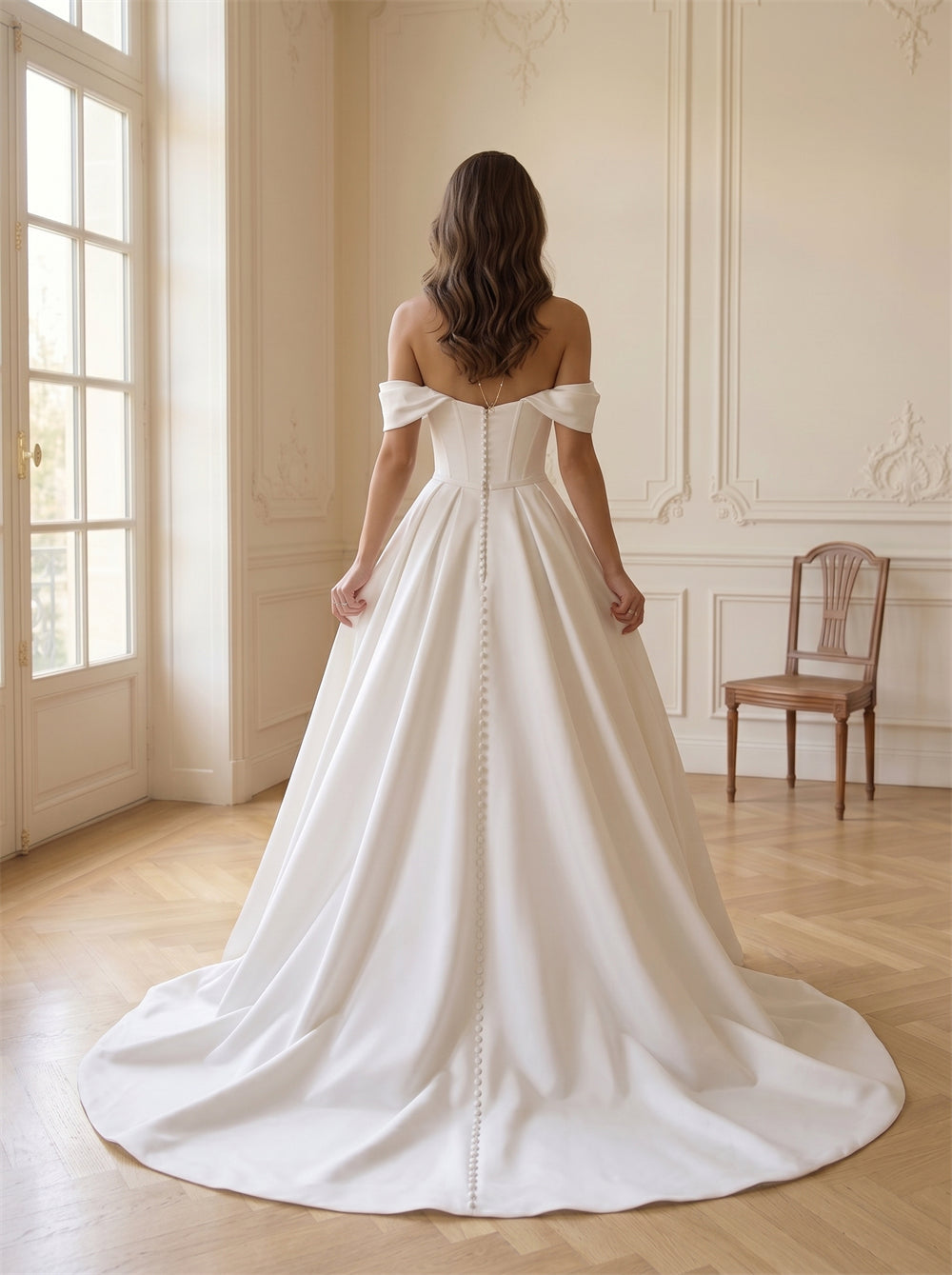 Off-The-Shoulder Draped Satin Mermaid Wedding Dress Corset Bodice Detachable Overskirt Pearl Button Back Formal Bridal Dress